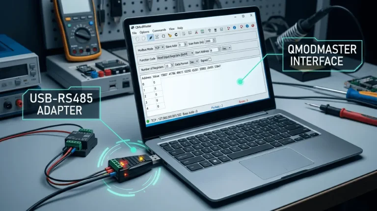 QModMaster software interface connected to RS485 sensor via USB adapter